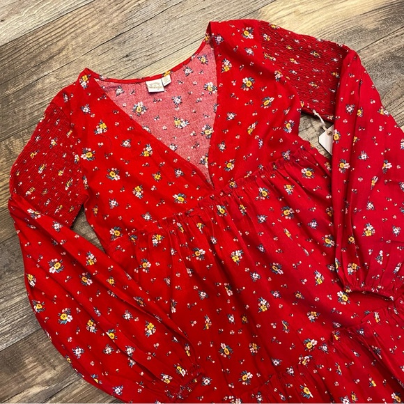 Billabong x Wrangler Falling for You Floral V-Neck Red Long Sleeve Mini Dress - Picture 4 of 16